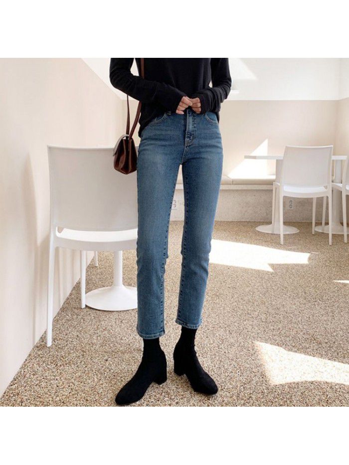 Straight jeans women's Black High Waist Stretch  summer new slim slim quarter slim pipe pants 