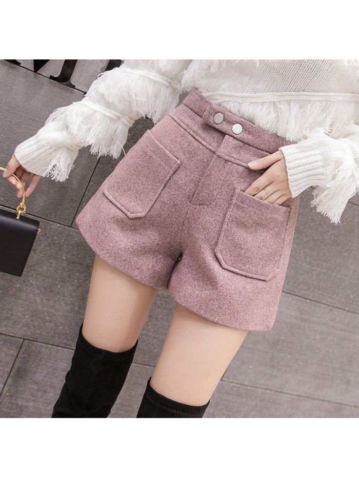 Women's woollen shorts with high waist and thin A-line wide leg in autumn and winter 