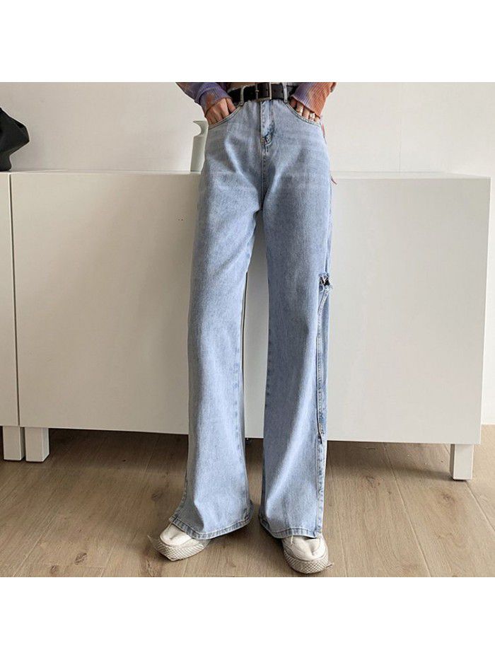 Real shot pierced jeans  straight tube Wide Leg Jeans small elegant drop loose split floor pants 