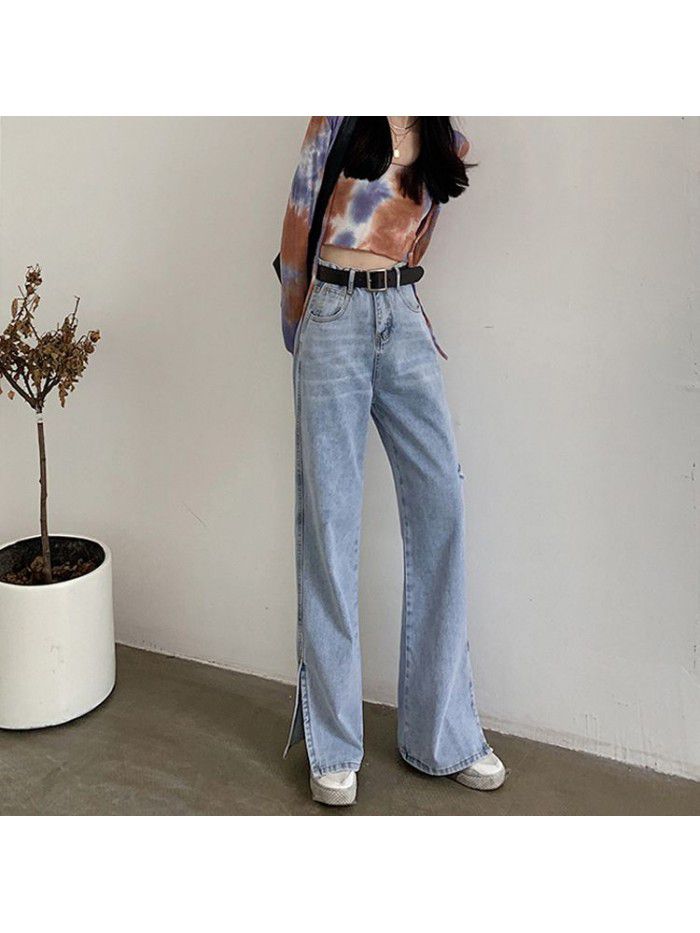 Real shot pierced jeans  straight tube Wide Leg Jeans small elegant drop loose split floor pants 