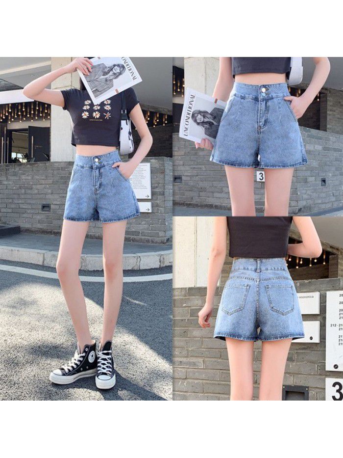 summer new high waist straight tube loose worn denim shorts women's A-line wide leg pants show thin women's pants 