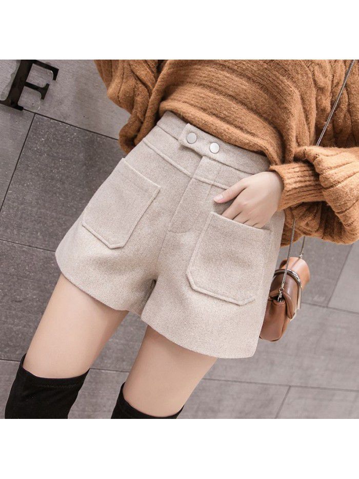 Women's woollen shorts with high waist and thin A-line wide leg in autumn and winter 