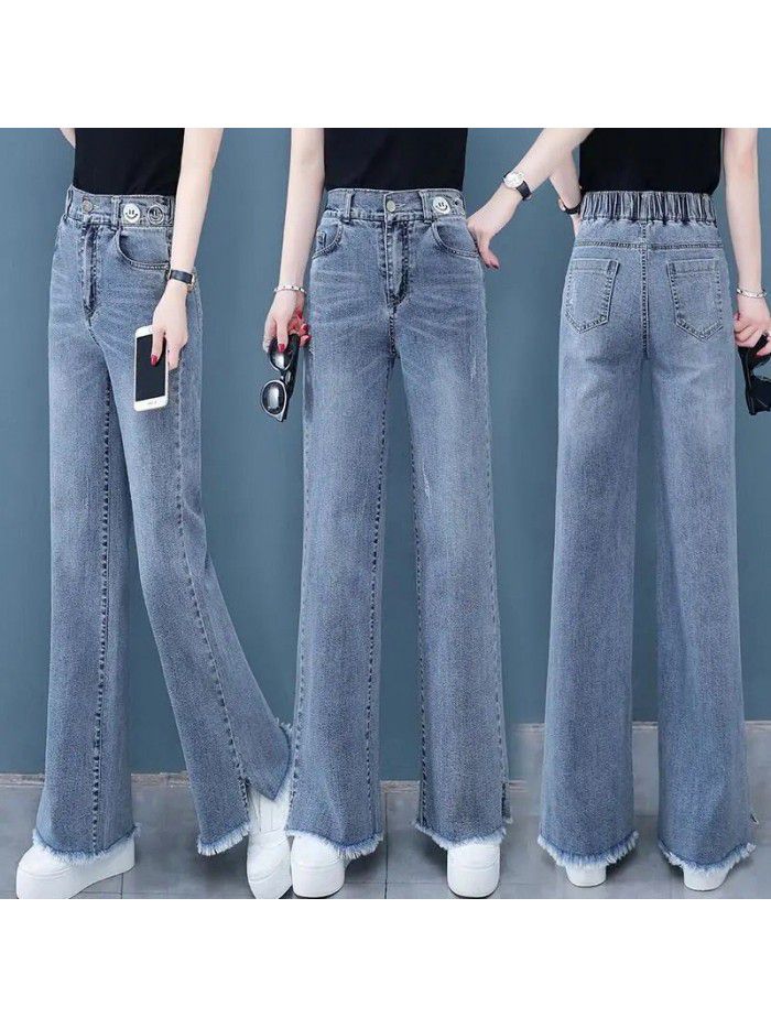 Wide leg jeans women's spring and autumn  new high waist loose straight tube slim mop pants 