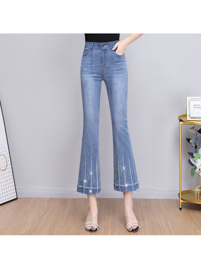 Summer thin jeans flared pants women's  new high waisted slim stretch slim nine point micro flared pants 