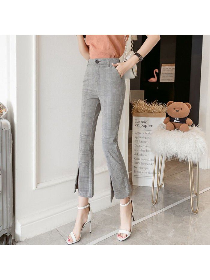 Real shot summer pants women's thin micro flared pants plaid pants women's casual pants flared pants high waist Capris 