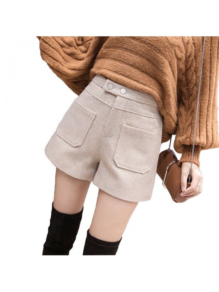 Women's woollen shorts with high waist and thin A-line wide leg in autumn and winter 