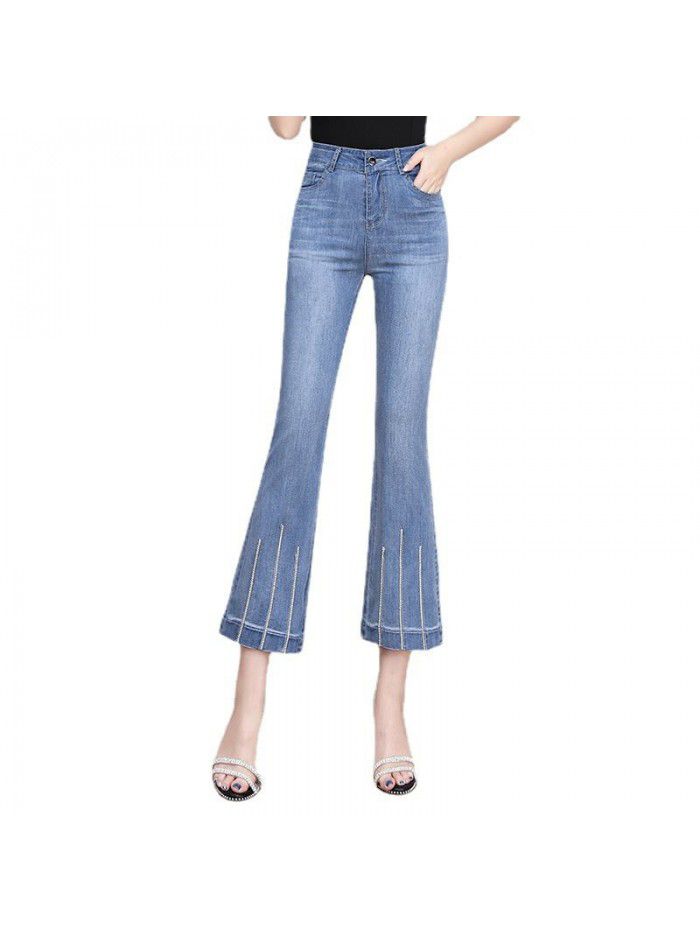 Summer thin jeans flared pants women's  new high waisted slim stretch slim nine point micro flared pants 