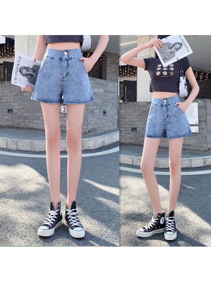 summer new high waist straight tube loose worn denim shorts women's A-line wide leg pants show thin women's pants 