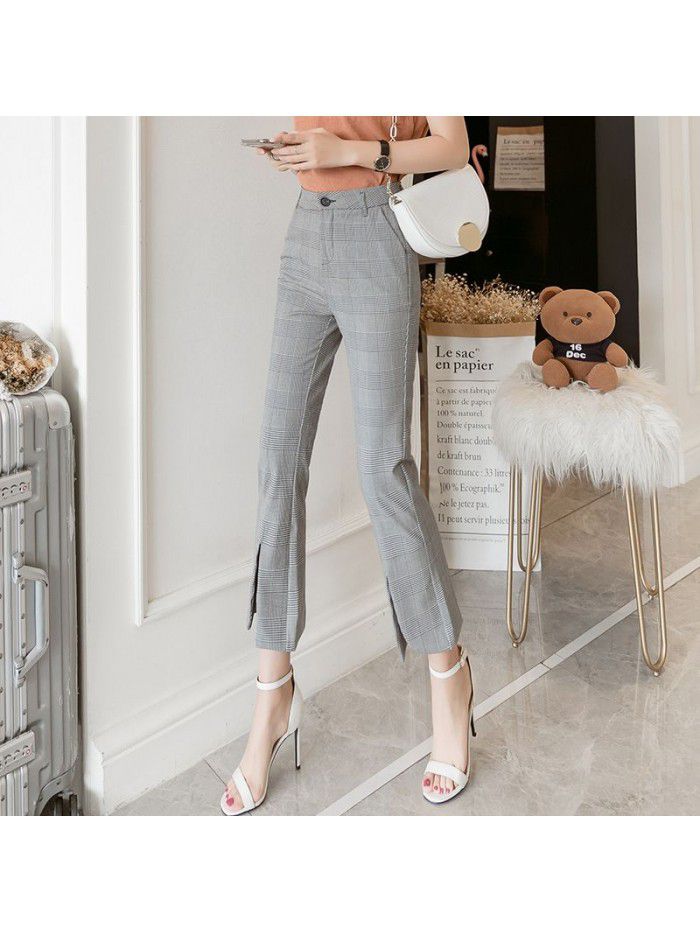 Real shot summer pants women's thin micro flared pants plaid pants women's casual pants flared pants high waist Capris 