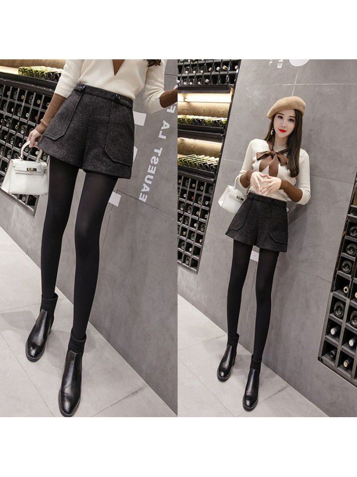 Women's tweed shorts autumn winter  new Korean version slim loose A-line wide leg pants with thickened woollen boots 