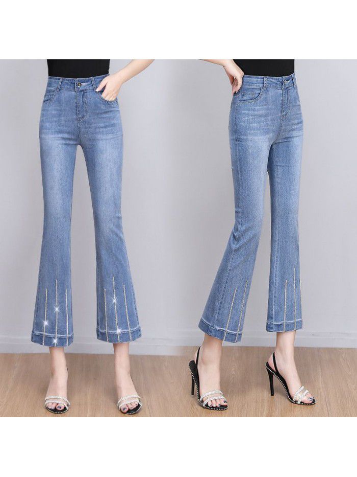 Summer thin jeans flared pants women's  new high waisted slim stretch slim nine point micro flared pants 