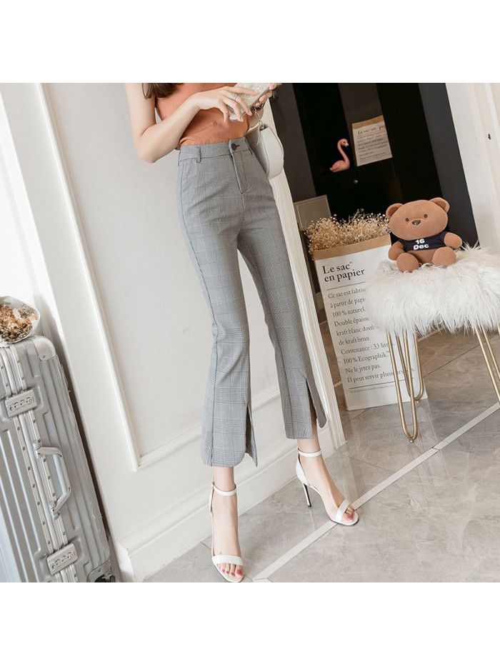 Real shot summer pants women's thin micro flared pants plaid pants women's casual pants flared pants high waist Capris 