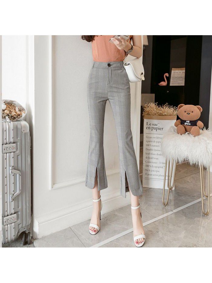 Real shot summer pants women's thin micro flared pants plaid pants women's casual pants flared pants high waist Capris 