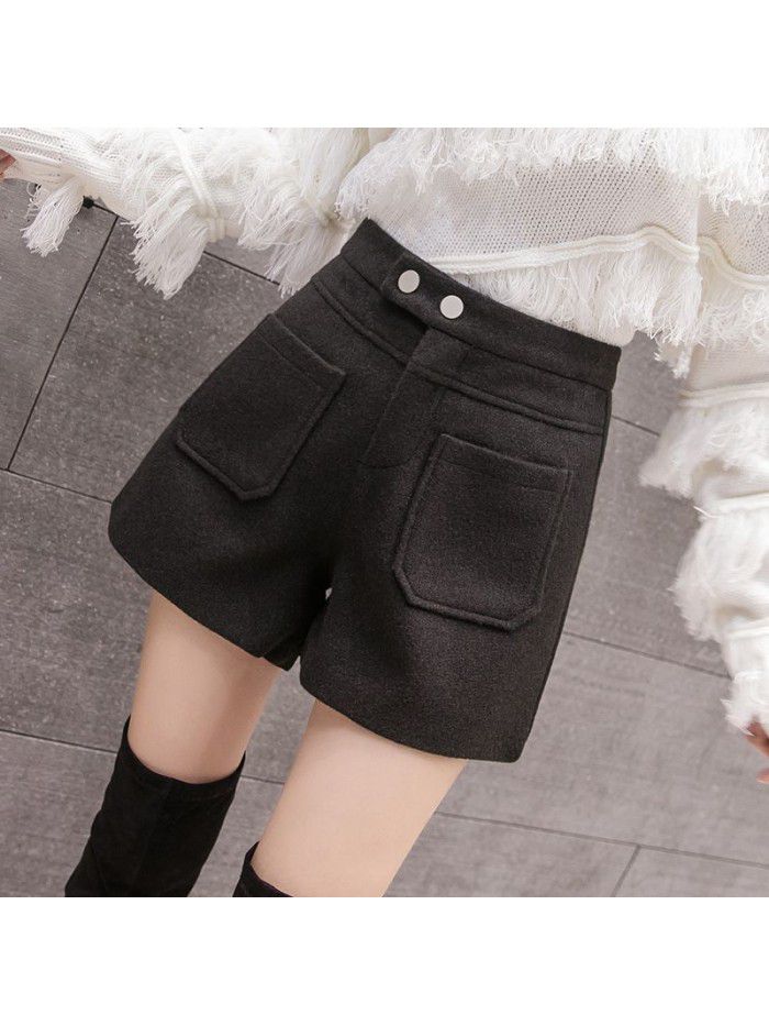 Women's woollen shorts with high waist and thin A-line wide leg in autumn and winter 