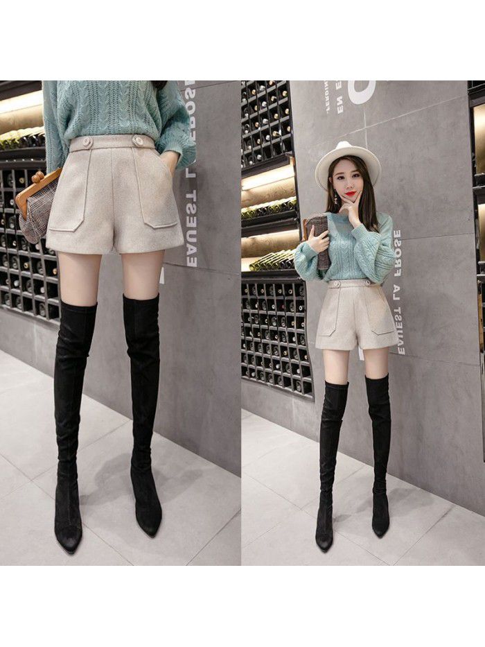 Women's tweed shorts autumn winter  new Korean version slim loose A-line wide leg pants with thickened woollen boots 