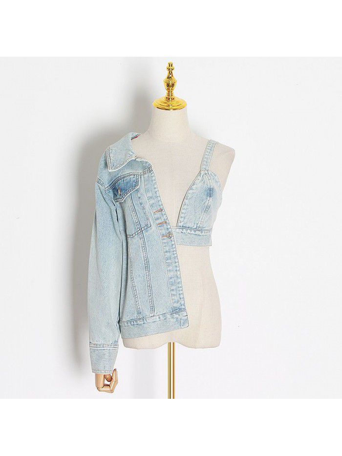 Autumn New Style Personalized Strap Off Shoulder Denim Dress Women's Loose Casual Small Design Fashion Coat