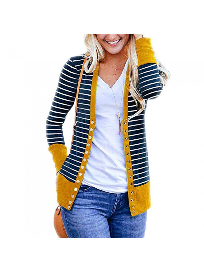 Women's striped patchwork medium length long sleeved single breasted cardigan jacket