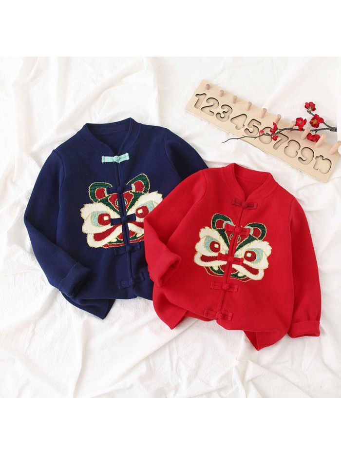 Middle and small children's neutral children's sweater Solid cute cotton long sleeved baby New Year cardigan