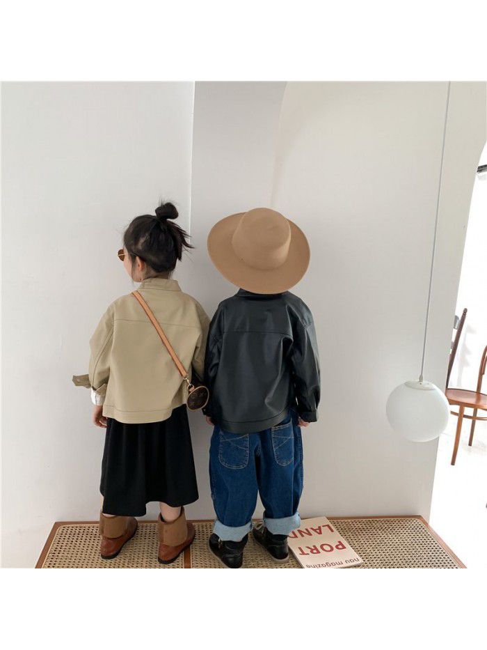 Children's leather clothing autumn new product Korean version boys and girls' motorcycle leather clothing baby PU leather jacket jacket trendy style