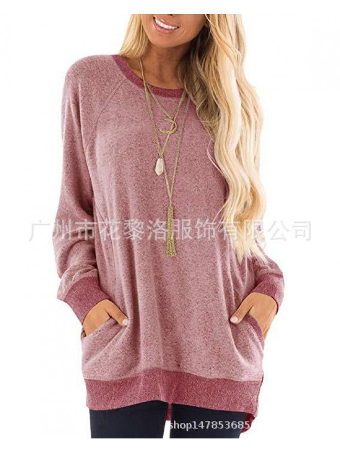 Autumn and winter women's round neck contrast pocket sweater long-sleeved pullover sweatshirt casual T-shirt 