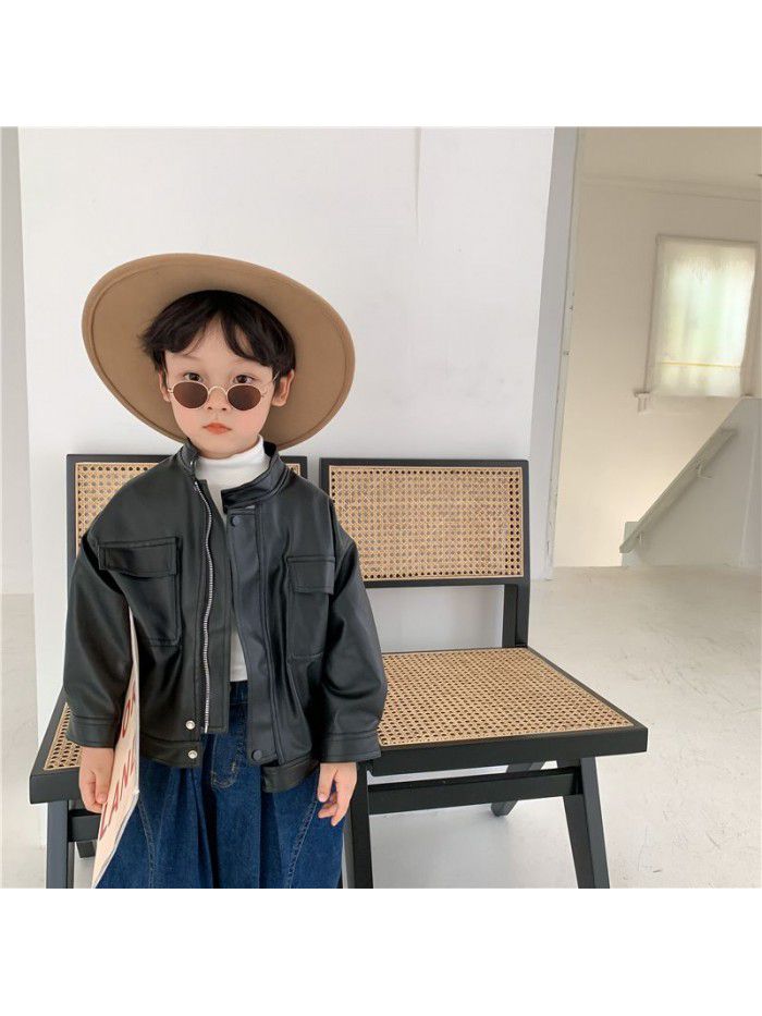 Children's leather clothing autumn new product Korean version boys and girls' motorcycle leather clothing baby PU leather jacket jacket trendy style