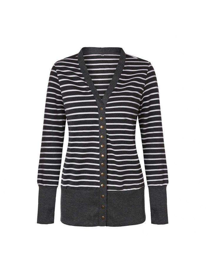 Women's striped patchwork medium length long sleeved single breasted cardigan jacket