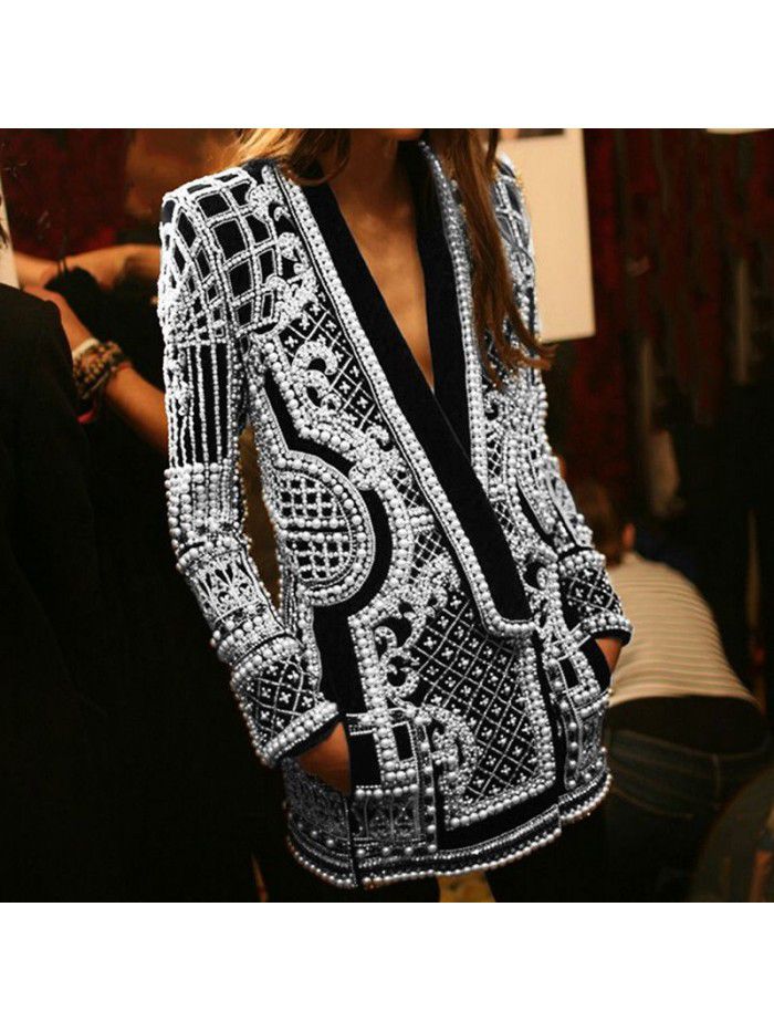 French Vintage Beaded Print Women's Autumn Fashion V-neck Long Sleeve Thickened Mid Length Suit Coat 