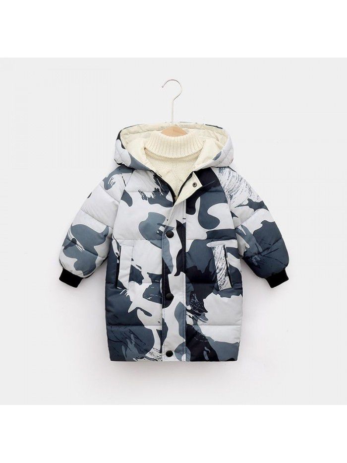 Children's down cotton-padded jacket in winter, medium and long thick coat, boys and girls' hooded down cotton-padded jacket 