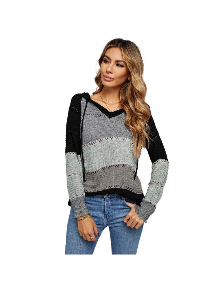 Knitted striped hooded sweater for women Spring and Autumn new long sleeved loose colored pullover top for women