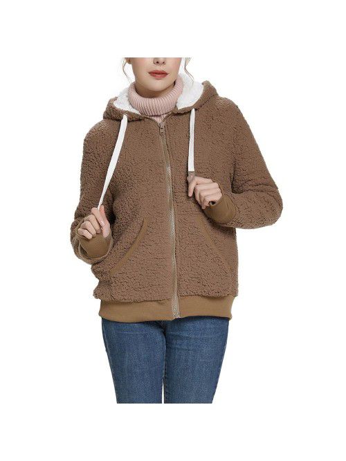 Autumn and Winter Hooded Plush Cardigan Long Sleev...