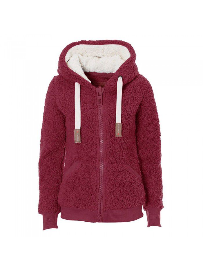 Autumn and Winter Hooded Plush Cardigan Long Sleeve Sweater Women's Jacket Loose Coat 