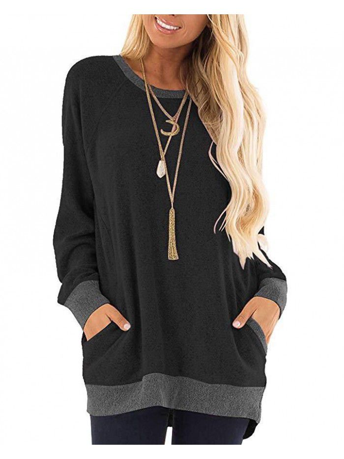Autumn and winter women's round neck contrast pocket sweater long-sleeved pullover sweatshirt casual T-shirt 