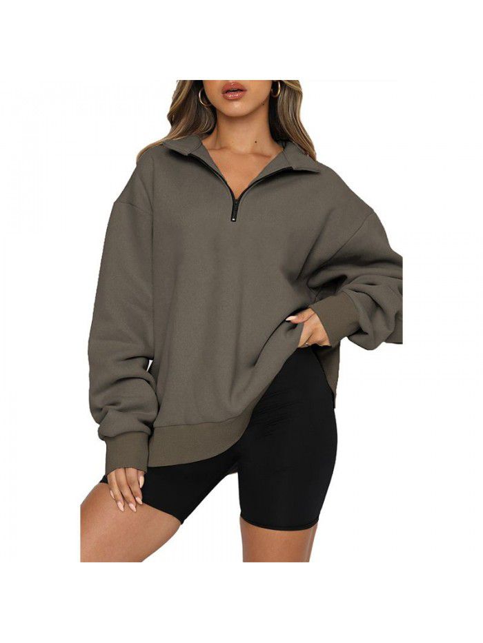 Women's Sweater Women's Autumn New Solid Color Half Zipper Pullover Long Sleeve Loose Top