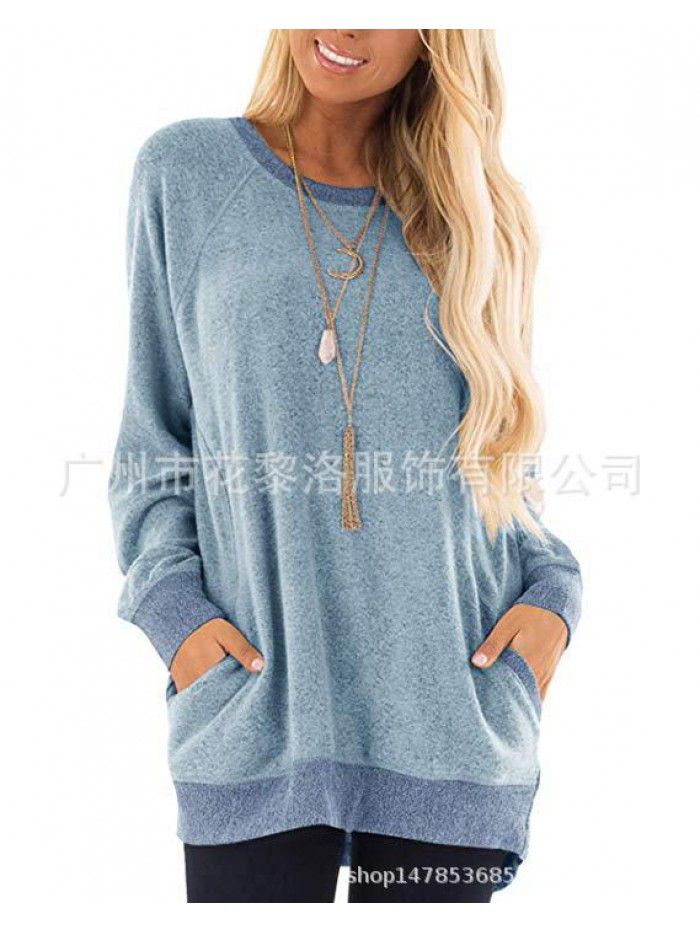Autumn and winter women's round neck contrast pocket sweater long-sleeved pullover sweatshirt casual T-shirt 