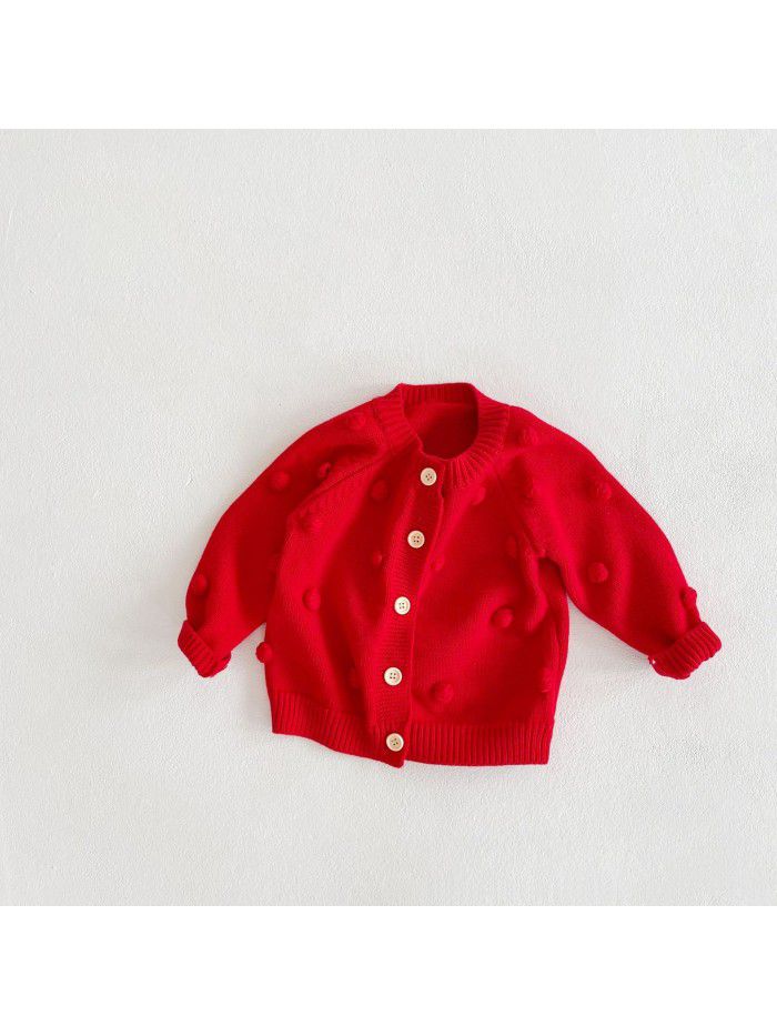 Versatile for boys and girls in spring and autumn, children's handmade ball knitting jacket, cotton long-sleeved newborn new year's clothes 
