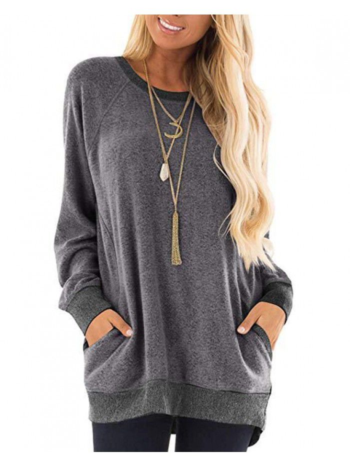 Autumn and winter women's round neck contrast pocket sweater long-sleeved pullover sweatshirt casual T-shirt 