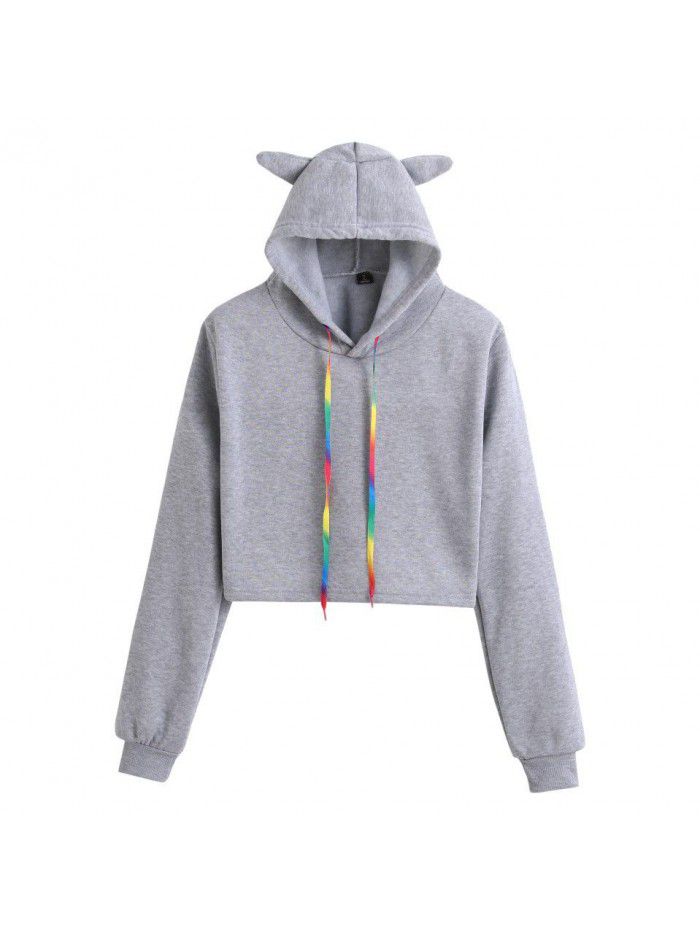 Color Cat's ears (Steamed cat-ear shaped bread) hooded sweater Street fashion short open navel sweater