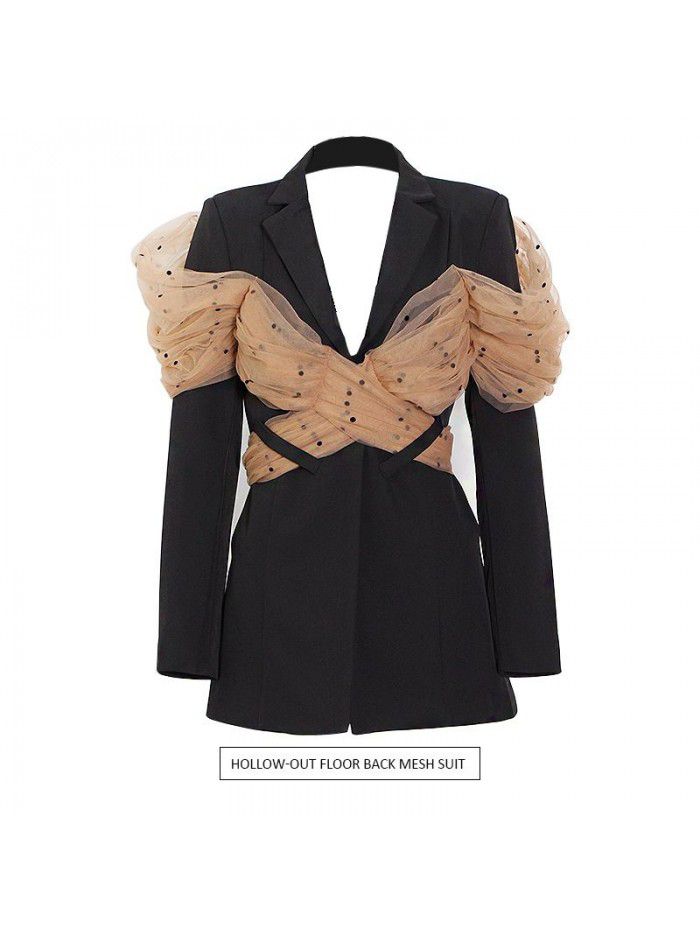 Women's autumn patchwork mesh red black casual suit top with a suit jacket