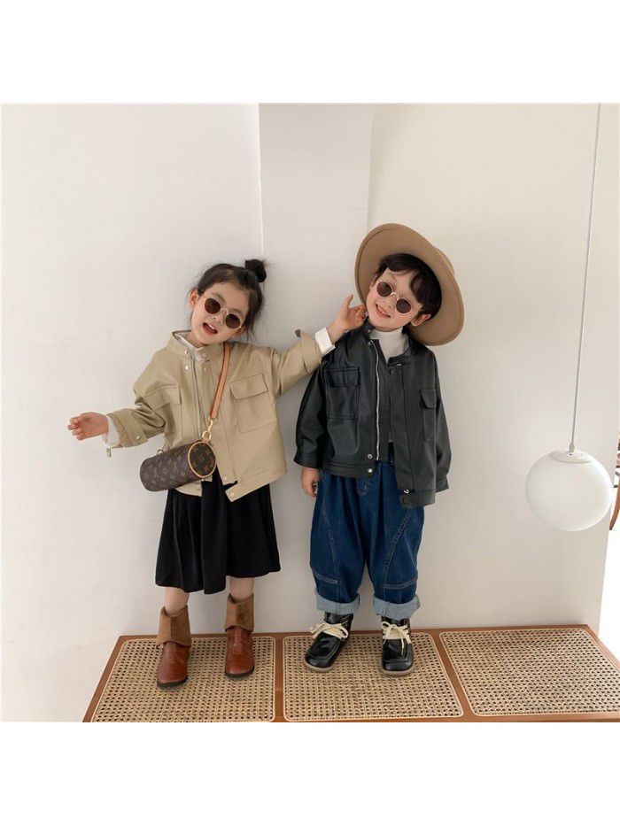 Children's leather clothing autumn new product Korean version boys and girls' motorcycle leather clothing baby PU leather jacket jacket trendy style