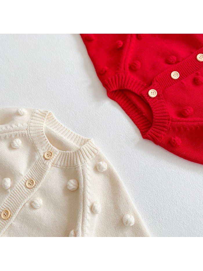 Versatile for boys and girls in spring and autumn, children's handmade ball knitting jacket, cotton long-sleeved newborn new year's clothes 
