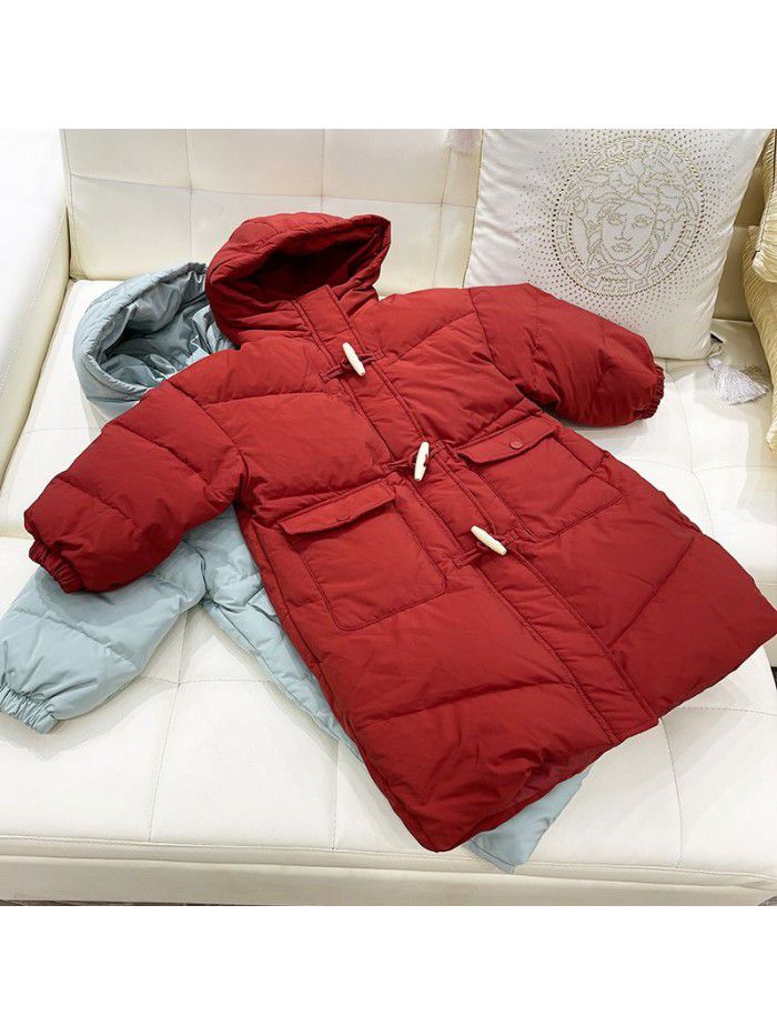 Girls' Children's Down Coat Winter New Korean Edition Girls' Mid length Over Knee Hooded Thickened Children's Coat 