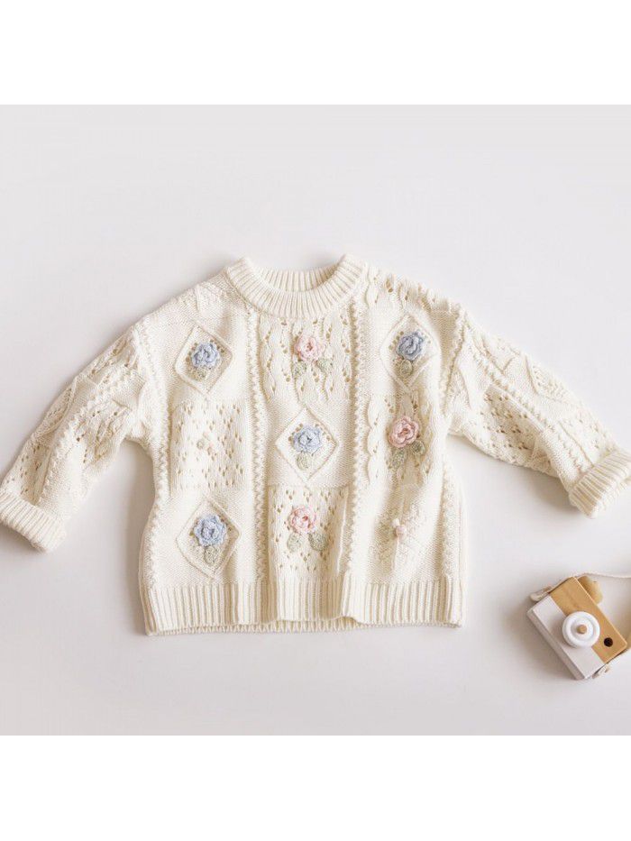 Spring and Autumn New Korean Children's Sweaters Hand Hook Flowers Little Girl Baby Cotton Thread Pullover Knitted Sweater Coat 