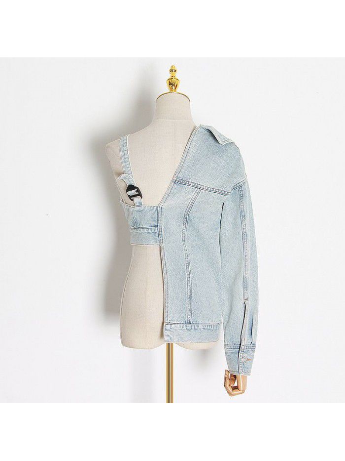 Autumn New Style Personalized Strap Off Shoulder Denim Dress Women's Loose Casual Small Design Fashion Coat