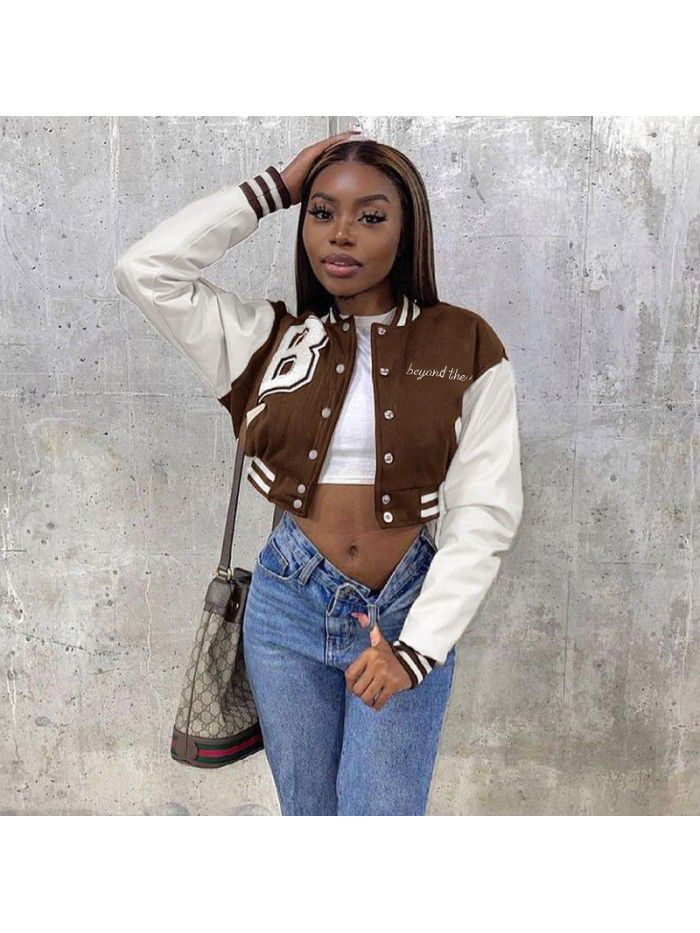 Color blocking printed leather sleeves baseball jacket short jacket women's jacket