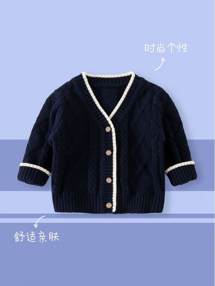 Children's knitted cardigan sweater, boys' spring and autumn, boys' baby spring clothing, sweater top, coat, children's clothing