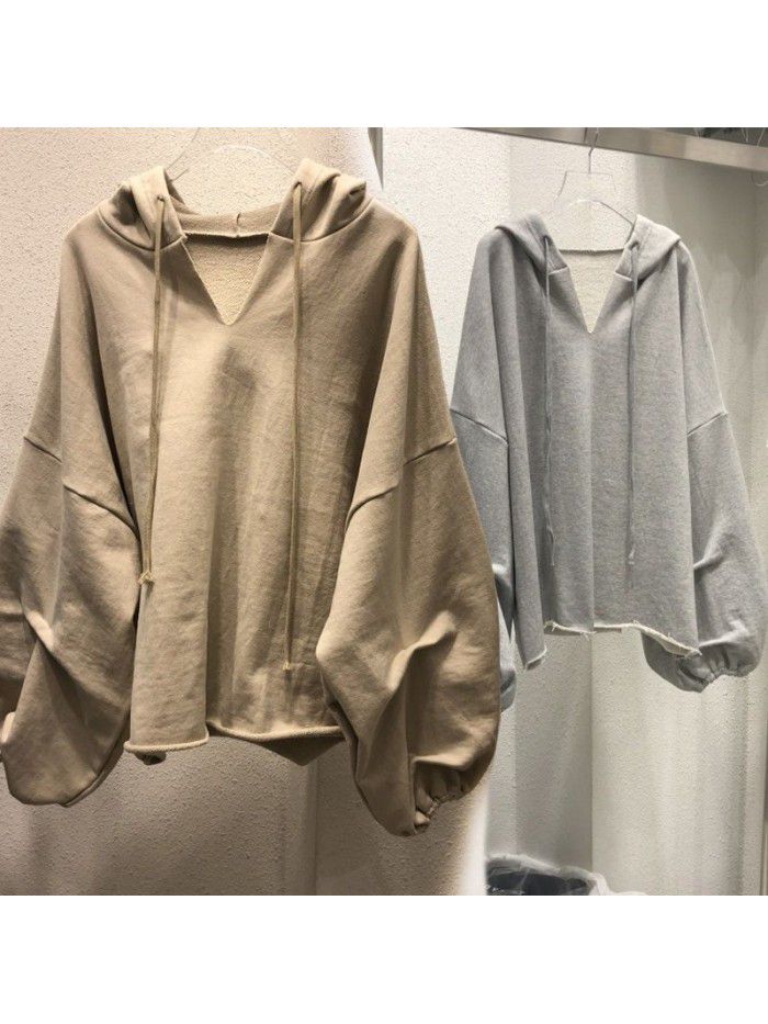 Cotton sweater Women's hooded Spring and Autumn New Thin Loose Korean version Solid V-neck Student Top Women's Wear 