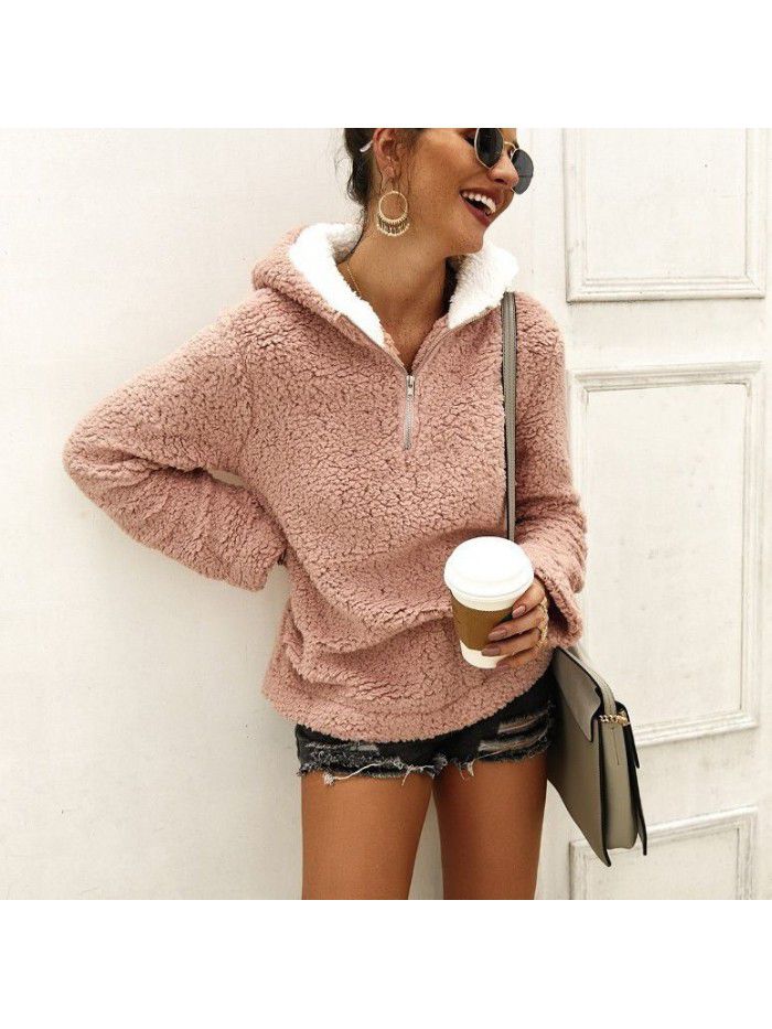 Autumn and Winter Women's Thermal Top Plush Coat Zip Hooded Sweater 