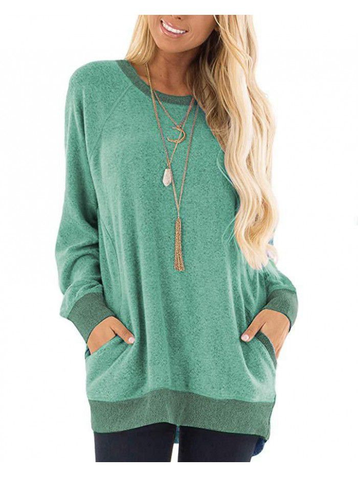 Autumn and winter women's round neck contrast pocket sweater long-sleeved pullover sweatshirt casual T-shirt 