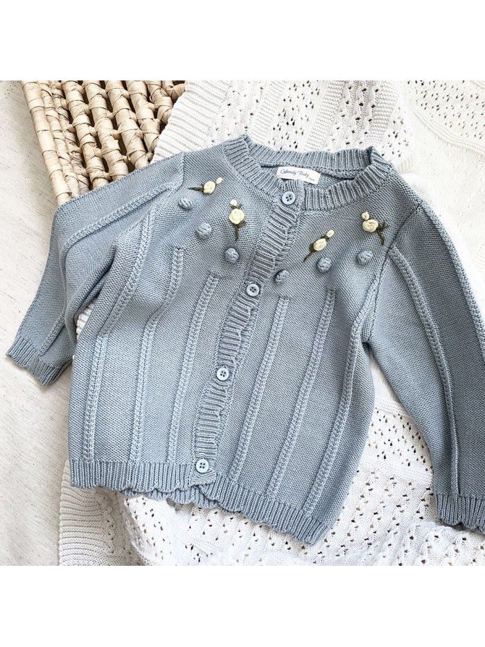 Baby girls embroidered cardigan sweater baby girls hand hook wool ball embroidered coat 
