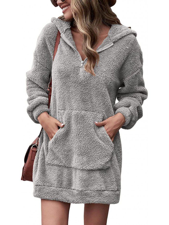 Casual loose hooded zippered plush jacket Loose warm lamb plush trench coat